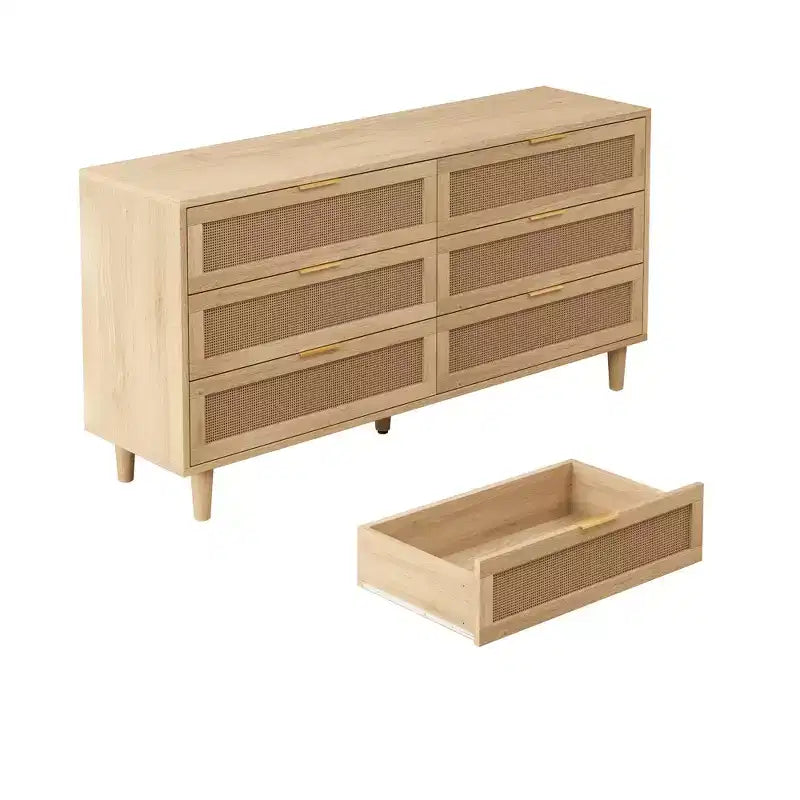 59.06-inch 6-Drawer Rattan Storage Cabinet with White Drawer Slides, Suitable for Bedrooms, Features Storage Space,Natural