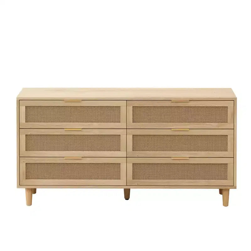 59.06-inch 6-Drawer Rattan Storage Cabinet with White Drawer Slides, Suitable for Bedrooms, Features Storage Space,Natural