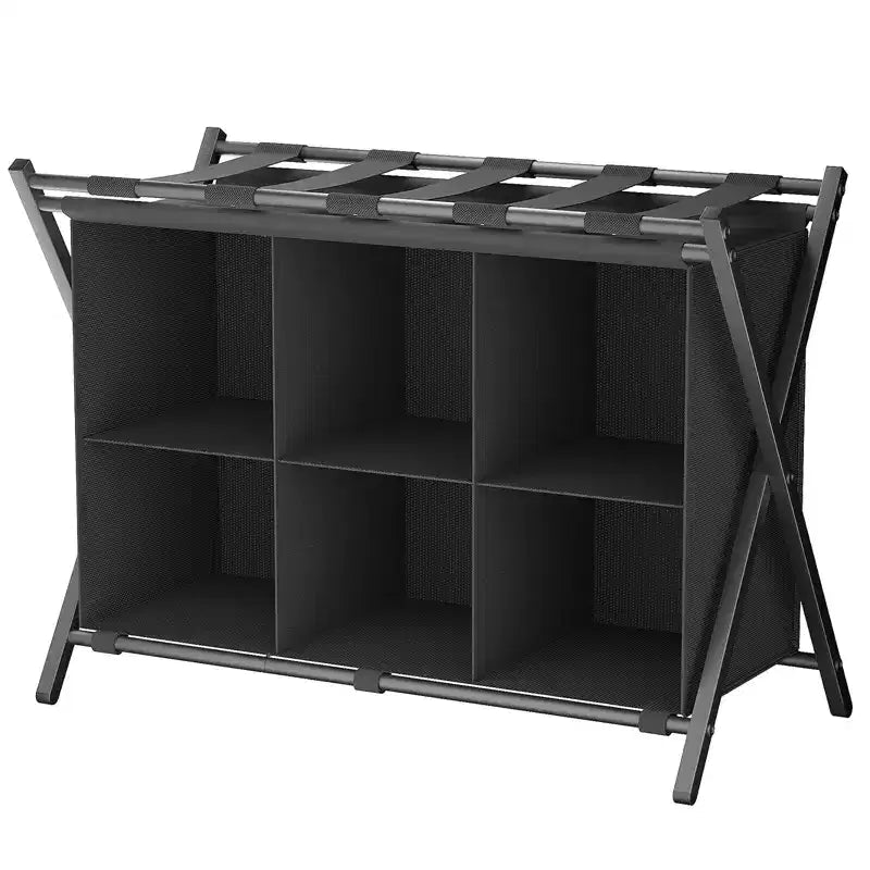 Luggage Rack for Guest Room, Folding Suitcase Stand with 6-Cube Fabric Storage Shelf, Luggage Holder, Steel Foldable Luggage Stand