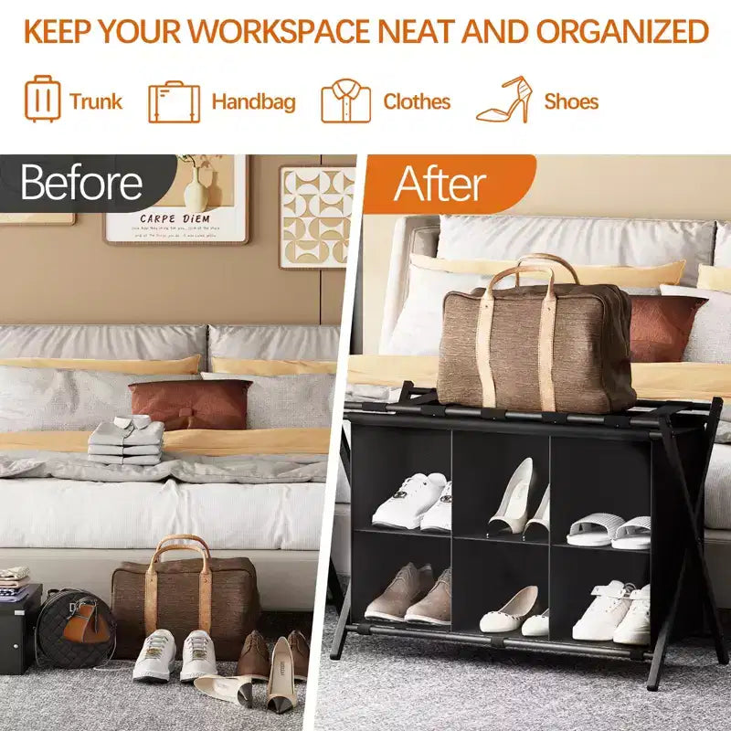Luggage Rack for Guest Room, Folding Suitcase Stand with 6-Cube Fabric Storage Shelf, Luggage Holder, Steel Foldable Luggage Stand