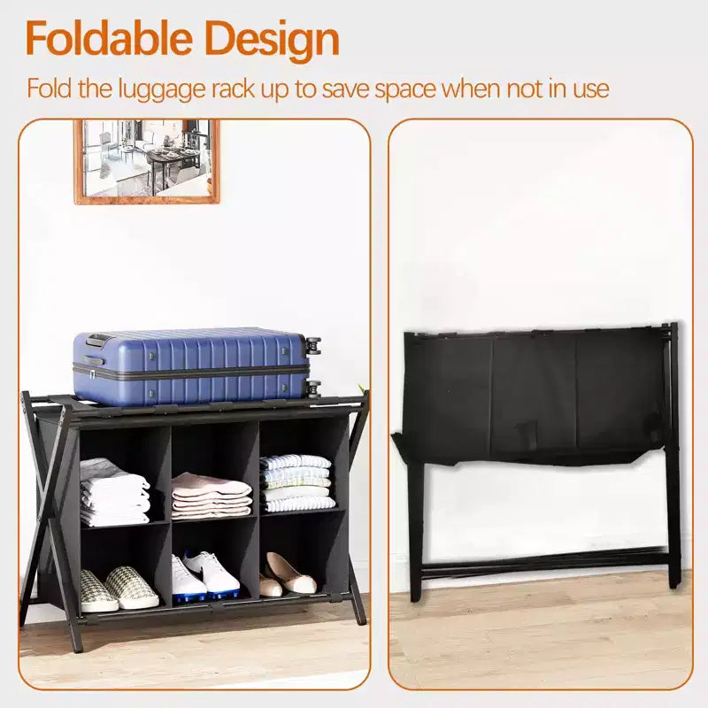 Luggage Rack for Guest Room, Folding Suitcase Stand with 6-Cube Fabric Storage Shelf, Luggage Holder, Steel Foldable Luggage Stand