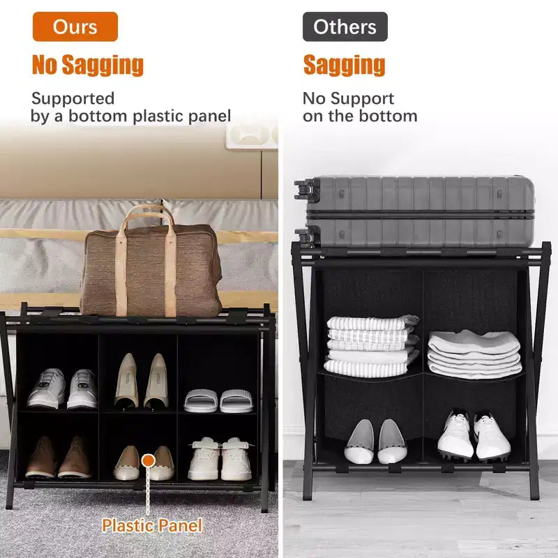 Luggage Rack for Guest Room, Folding Suitcase Stand with 6-Cube Fabric Storage Shelf, Luggage Holder, Steel Foldable Luggage Stand