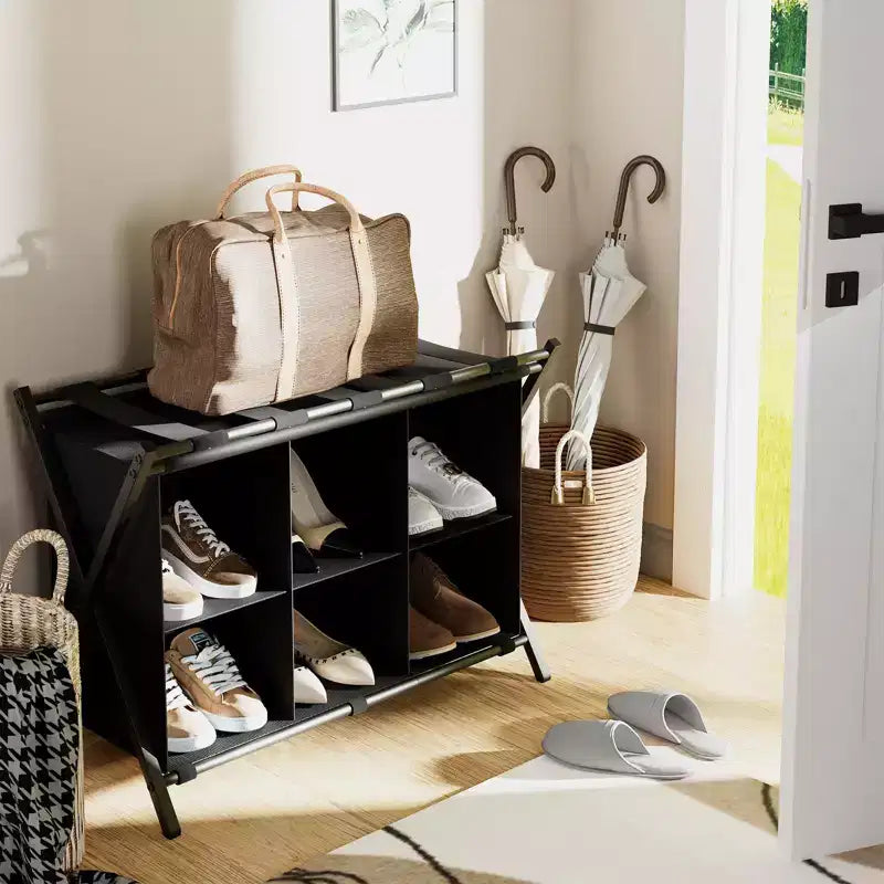Luggage Rack for Guest Room, Folding Suitcase Stand with 6-Cube Fabric Storage Shelf, Luggage Holder, Steel Foldable Luggage Stand