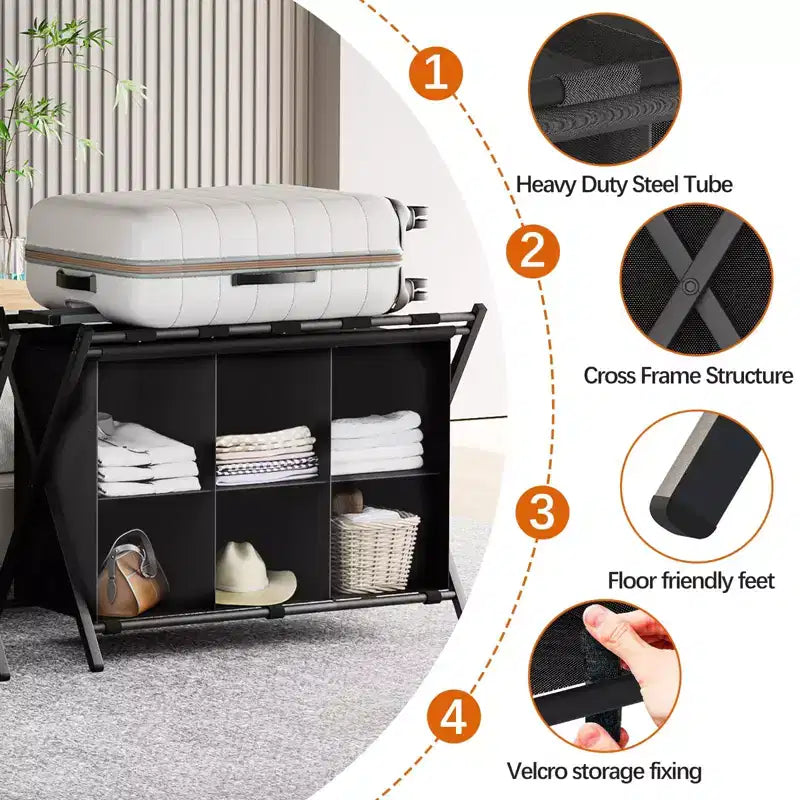 Luggage Rack for Guest Room, Folding Suitcase Stand with 6-Cube Fabric Storage Shelf, Luggage Holder, Steel Foldable Luggage Stand