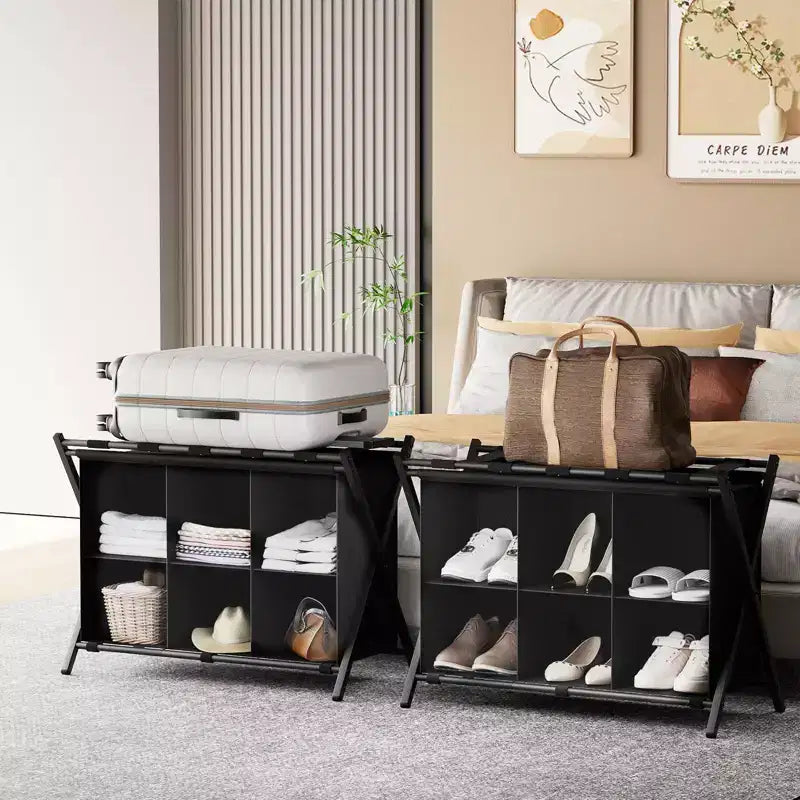 Luggage Rack for Guest Room, Folding Suitcase Stand with 6-Cube Fabric Storage Shelf, Luggage Holder, Steel Foldable Luggage Stand