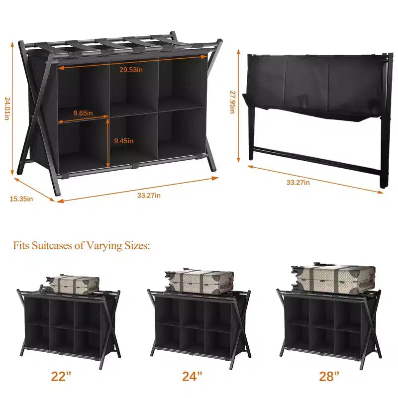 Luggage Rack for Guest Room, Folding Suitcase Stand with 6-Cube Fabric Storage Shelf, Luggage Holder, Steel Foldable Luggage Stand
