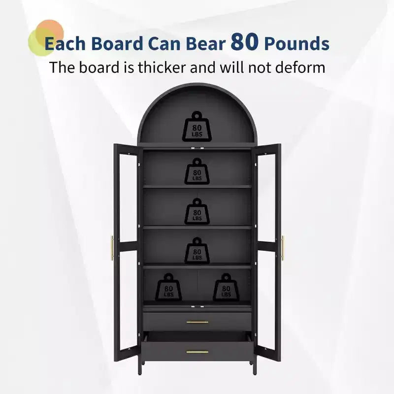 55 Tall Kitchen Pantry Cabinet, Arched Display with Glass Doors, 2 Drawers & Adjustable Shelves for Living, Dining Room