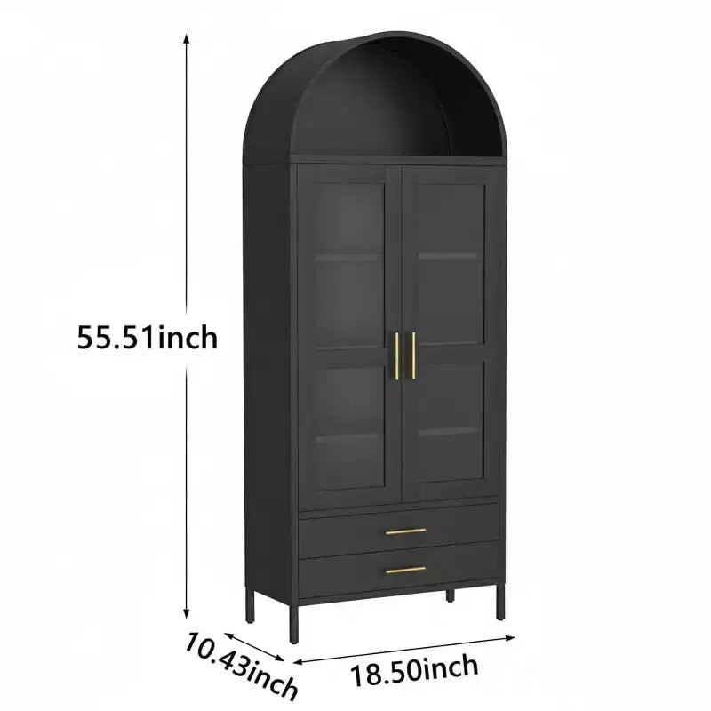 55 Tall Kitchen Pantry Cabinet, Arched Display with Glass Doors, 2 Drawers & Adjustable Shelves for Living, Dining Room