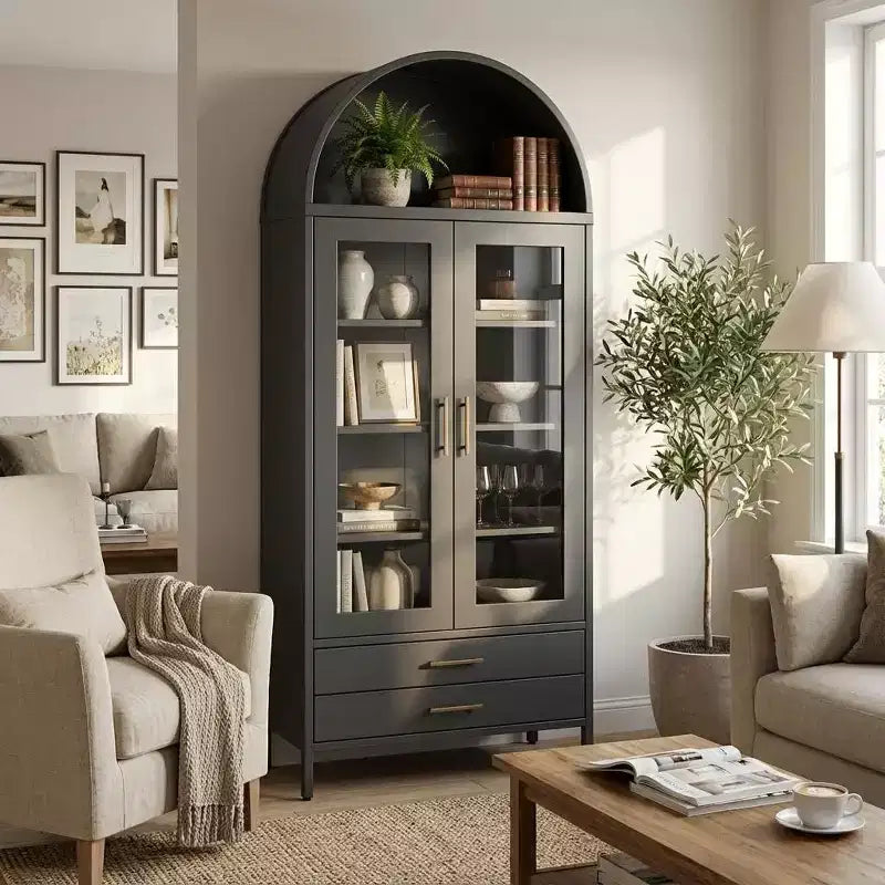 55 Tall Kitchen Pantry Cabinet, Arched Display with Glass Doors, 2 Drawers & Adjustable Shelves for Living, Dining Room