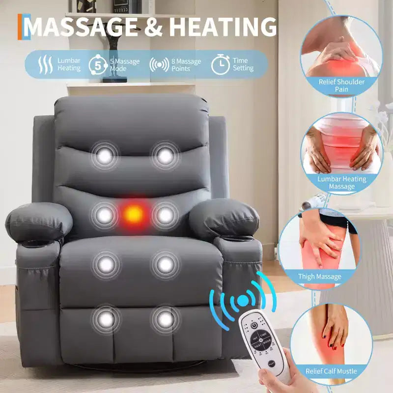 Rocker Recliner Chair with Massage & Heat PU Leather Swivel Sofa with Cup Holder & Pockets for Living Room, Bedroom & Nursery