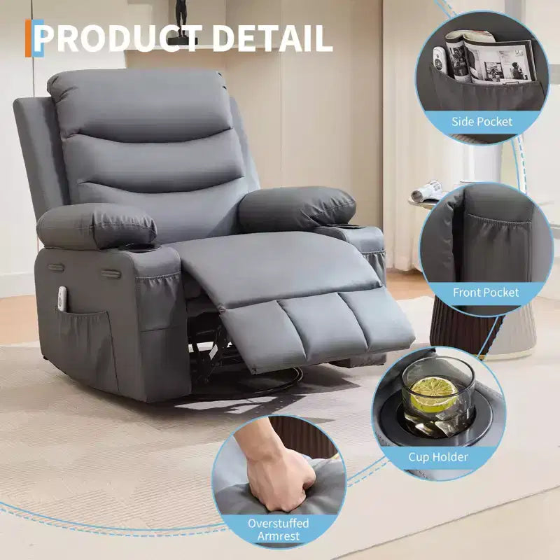 Rocker Recliner Chair with Massage & Heat PU Leather Swivel Sofa with Cup Holder & Pockets for Living Room, Bedroom & Nursery