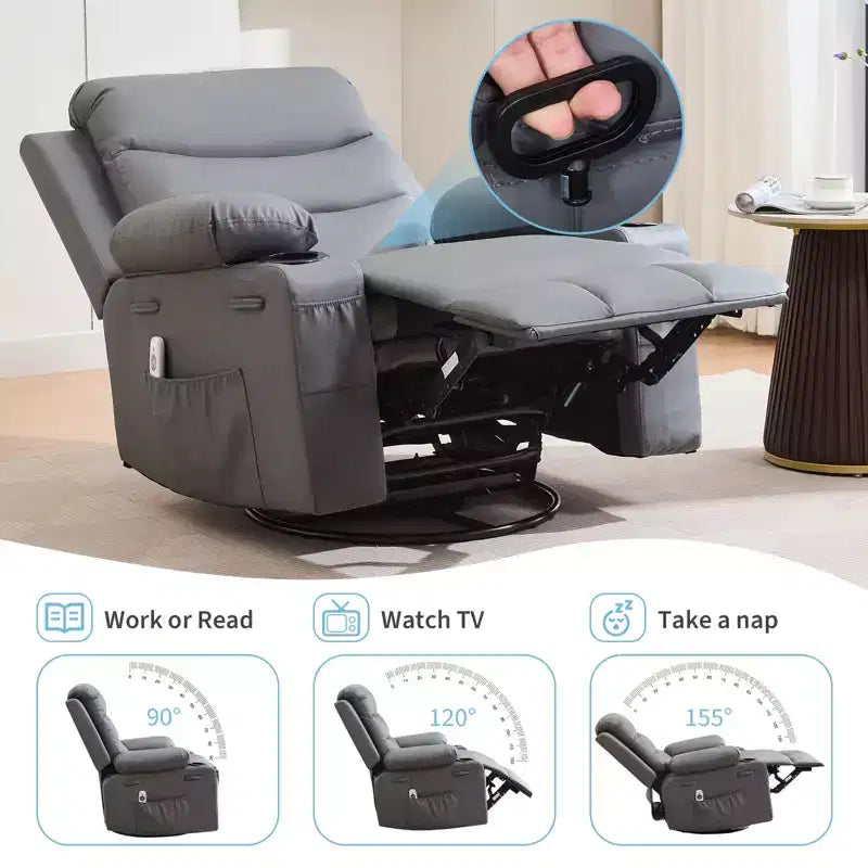 Rocker Recliner Chair with Massage & Heat PU Leather Swivel Sofa with Cup Holder & Pockets for Living Room, Bedroom & Nursery