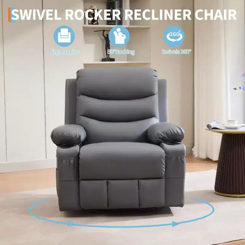 Rocker Recliner Chair with Massage & Heat PU Leather Swivel Sofa with Cup Holder & Pockets for Living Room, Bedroom & Nursery