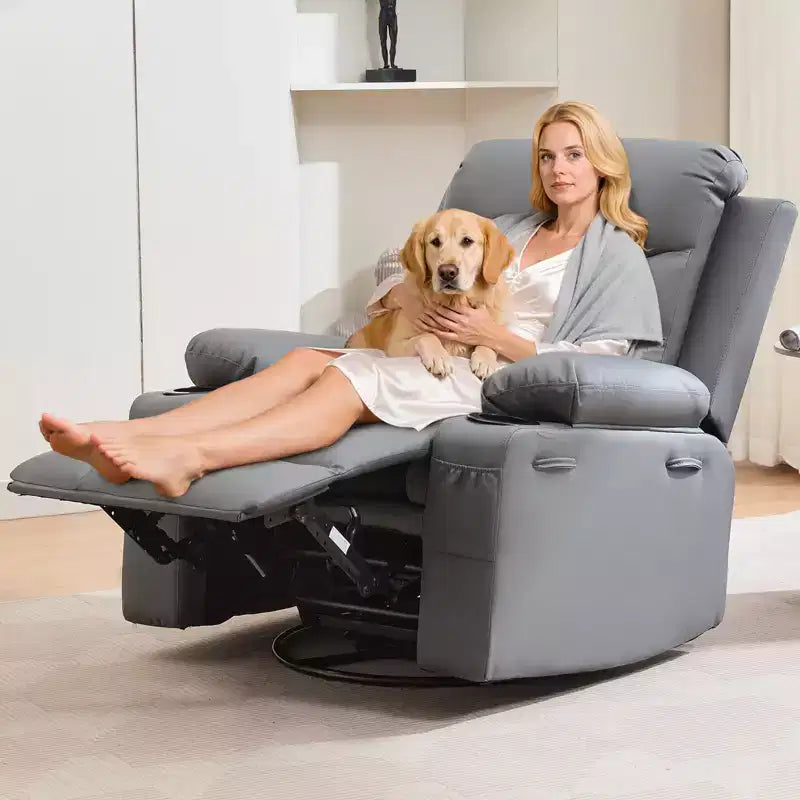 Rocker Recliner Chair with Massage & Heat PU Leather Swivel Sofa with Cup Holder & Pockets for Living Room, Bedroom & Nursery