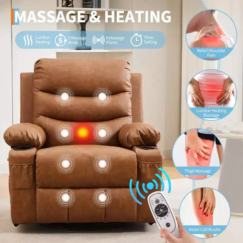 Rocker Recliner Chair with Massage & Heat PU Leather Swivel Sofa with Cup Holder & Pockets for Living Room, Bedroom & Nursery