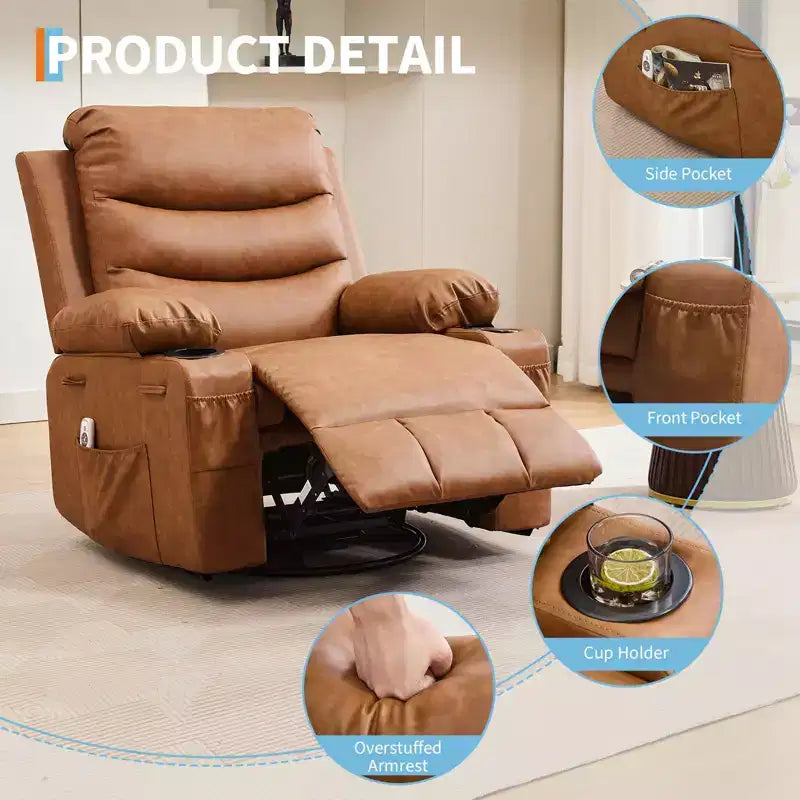Rocker Recliner Chair with Massage & Heat PU Leather Swivel Sofa with Cup Holder & Pockets for Living Room, Bedroom & Nursery