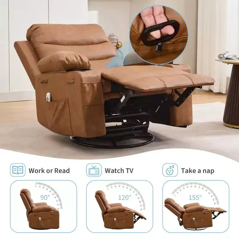 Rocker Recliner Chair with Massage & Heat PU Leather Swivel Sofa with Cup Holder & Pockets for Living Room, Bedroom & Nursery