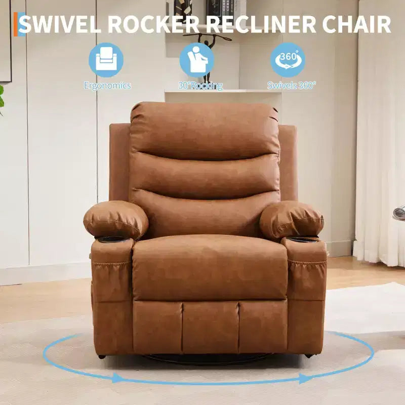 Rocker Recliner Chair with Massage & Heat PU Leather Swivel Sofa with Cup Holder & Pockets for Living Room, Bedroom & Nursery