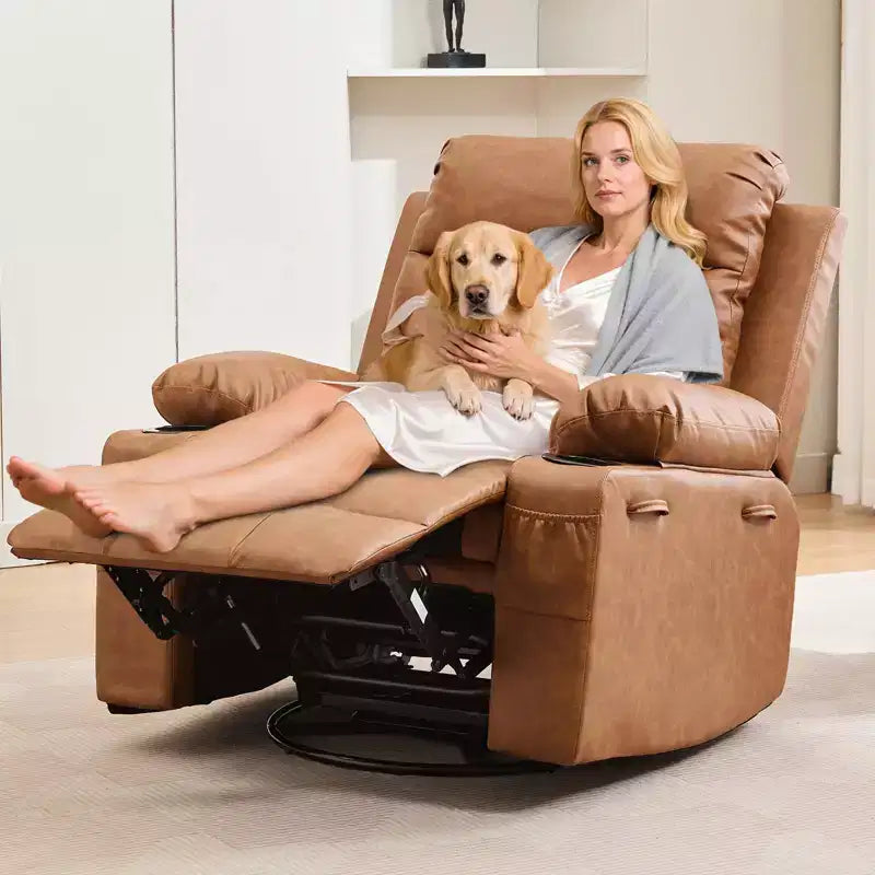 Rocker Recliner Chair with Massage & Heat PU Leather Swivel Sofa with Cup Holder & Pockets for Living Room, Bedroom & Nursery
