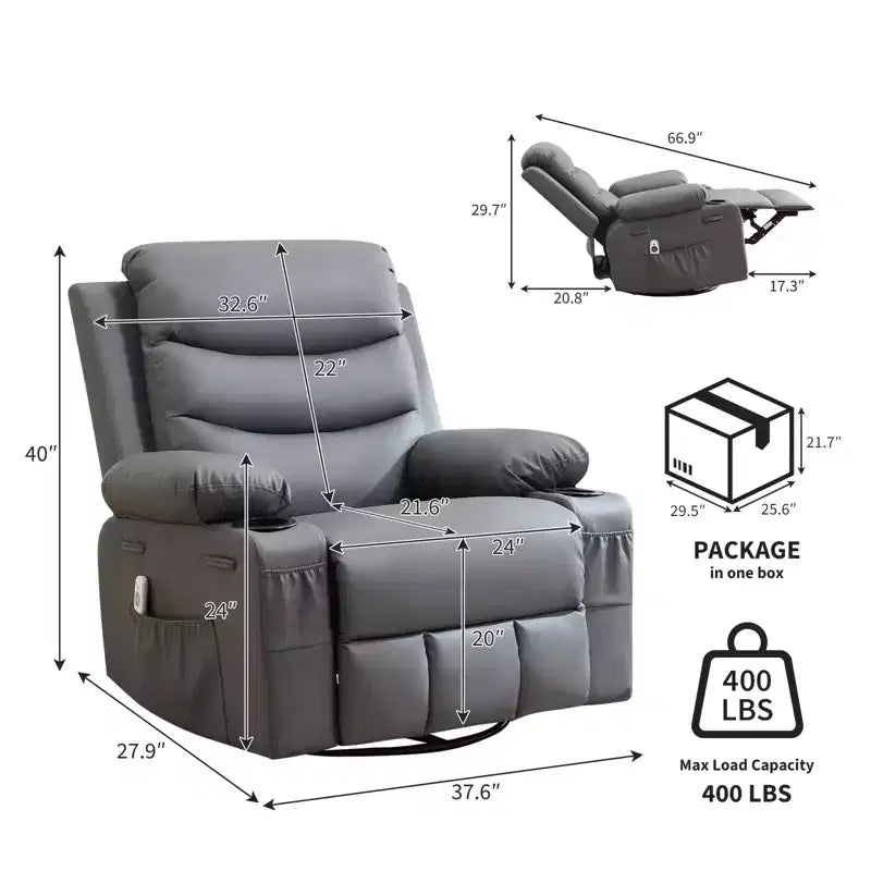 Rocker Recliner Chair with Massage & Heat PU Leather Swivel Sofa with Cup Holder & Pockets for Living Room, Bedroom & Nursery