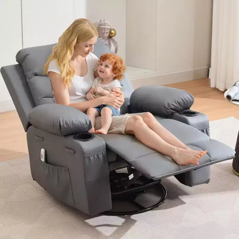 Rocker Recliner Chair with Massage & Heat PU Leather Swivel Sofa with Cup Holder & Pockets for Living Room, Bedroom & Nursery