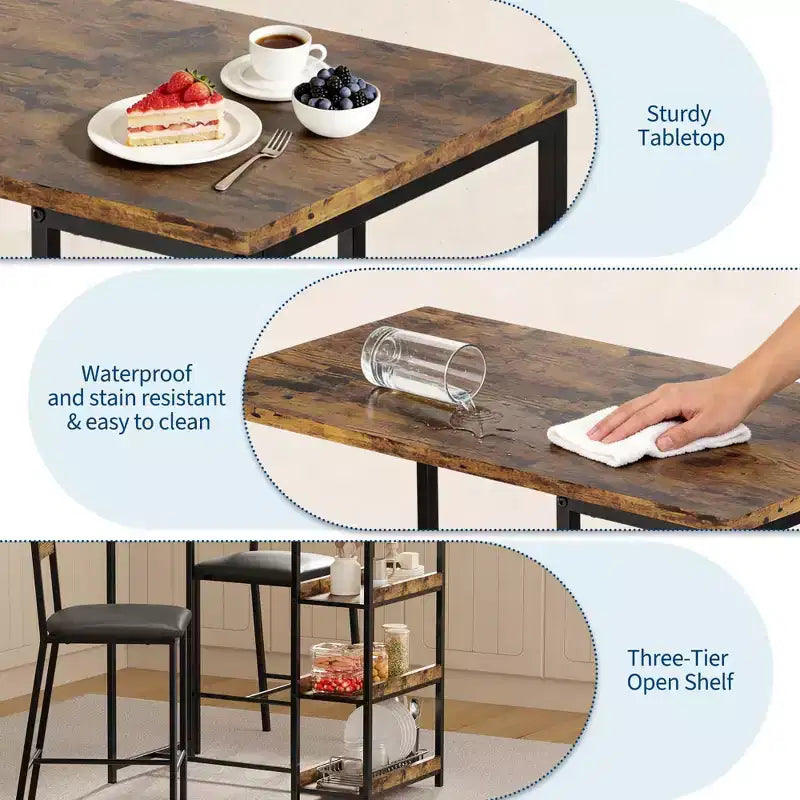 3-Piece Kitchen Table Set with Storage Shelves & 2 Upholstered Chairs - Iron and Wood Dining Table for Small Spaces, Apartments, Condos