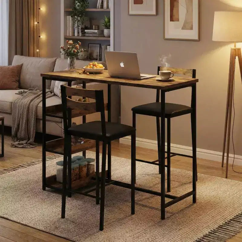 3-Piece Kitchen Table Set with Storage Shelves & 2 Upholstered Chairs - Iron and Wood Dining Table for Small Spaces, Apartments, Condos