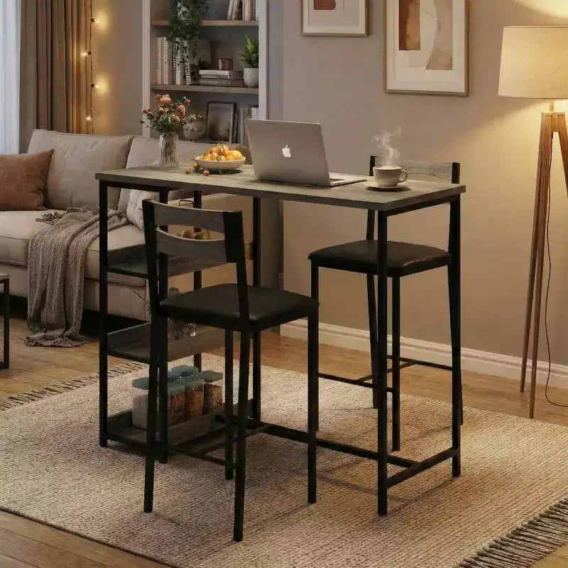 3-Piece Kitchen Table Set with Storage Shelves & 2 Upholstered Chairs - Iron and Wood Dining Table for Small Spaces, Apartments, Condos