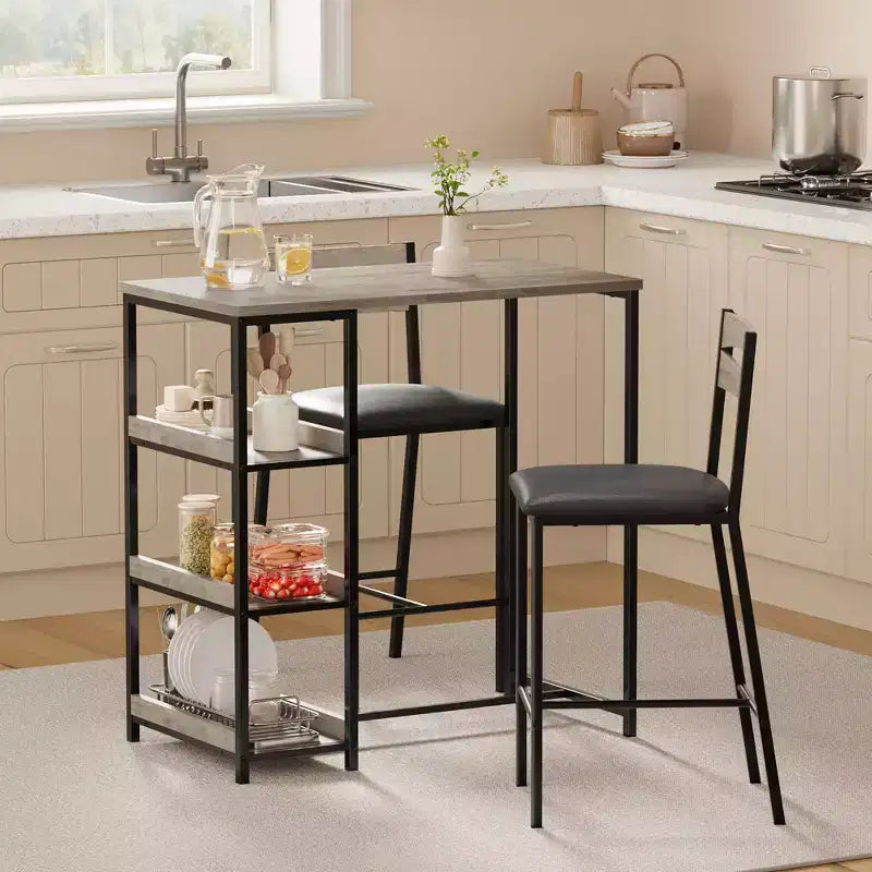 3-Piece Kitchen Table Set with Storage Shelves & 2 Upholstered Chairs - Iron and Wood Dining Table for Small Spaces, Apartments, Condos