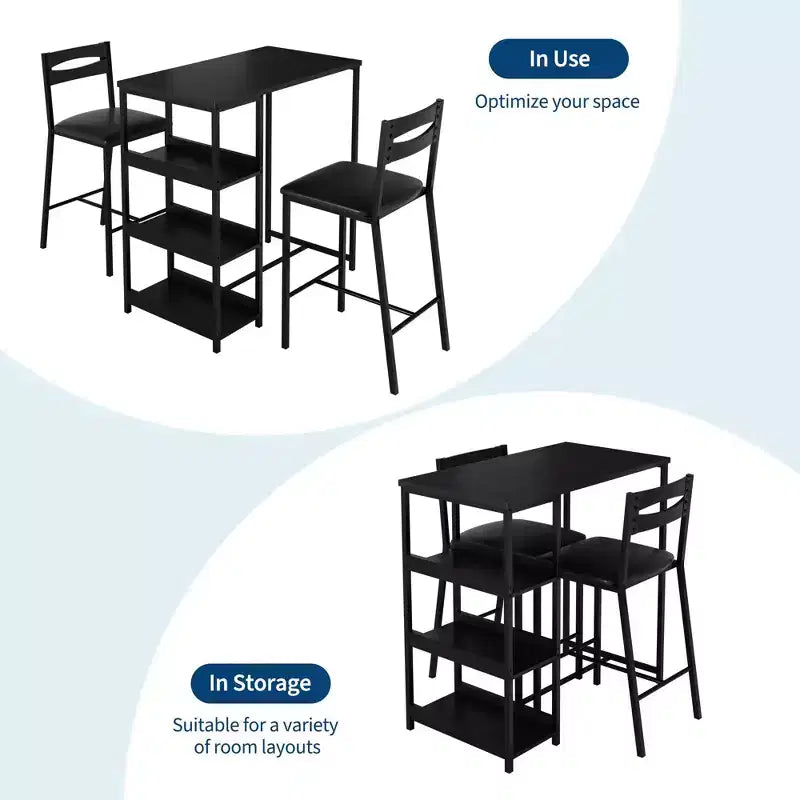 3-Piece Kitchen Table Set with Storage Shelves & 2 Upholstered Chairs - Iron and Wood Dining Table for Small Spaces, Apartments, Condos