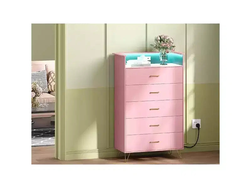 5 Drawer Dresser with Charging Station & LED Lights Tall Wooden Chest for Bedroom, Living Room, Hallway Space-Saving Narrow Storage Cabinet