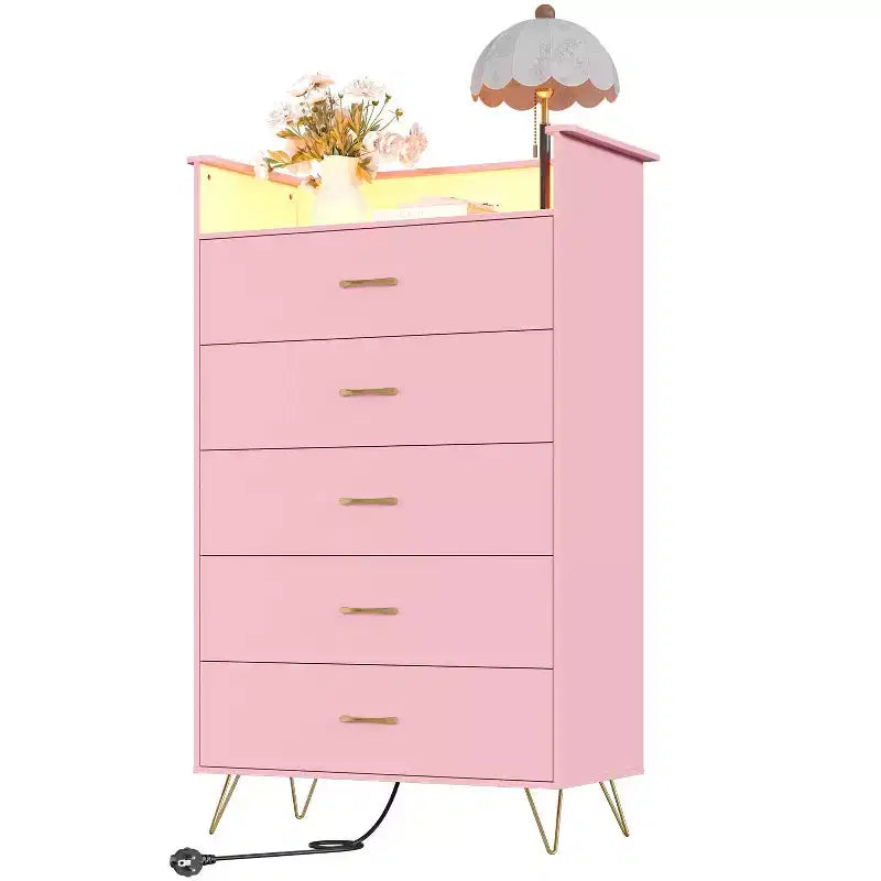 5 Drawer Dresser with Charging Station & LED Lights Tall Wooden Chest for Bedroom, Living Room, Hallway Space-Saving Narrow Storage Cabinet