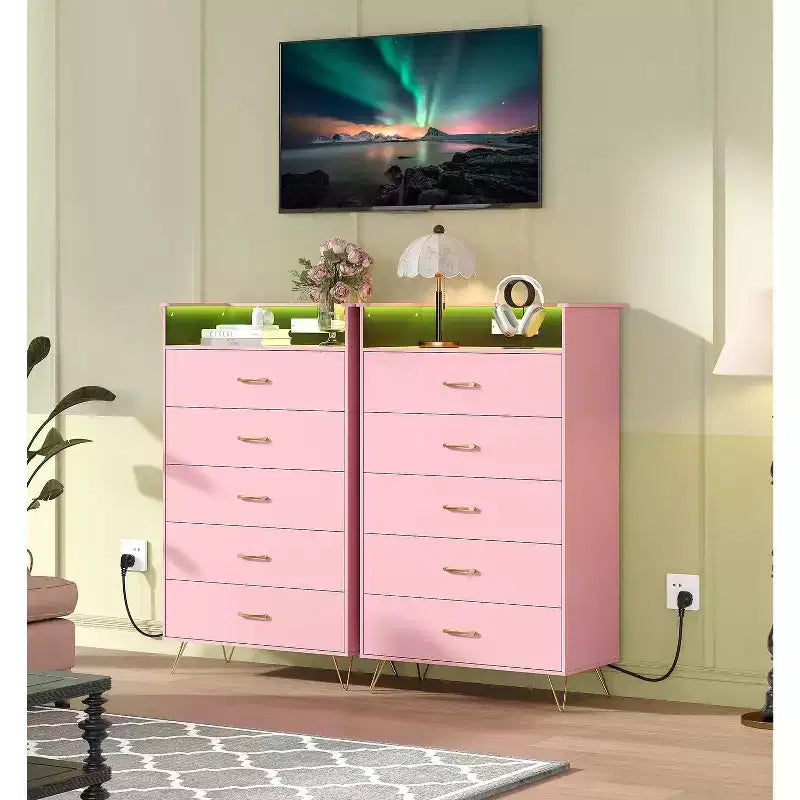 5 Drawer Dresser with Charging Station & LED Lights Tall Wooden Chest for Bedroom, Living Room, Hallway Space-Saving Narrow Storage Cabinet