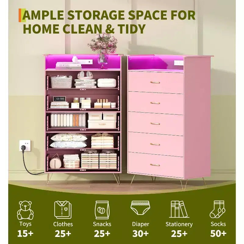5 Drawer Dresser with Charging Station & LED Lights Tall Wooden Chest for Bedroom, Living Room, Hallway Space-Saving Narrow Storage Cabinet