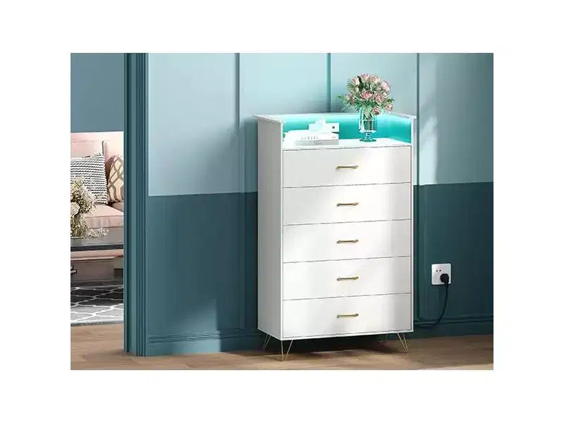 5 Drawer Dresser with Charging Station & LED Lights Tall Wooden Chest for Bedroom, Living Room, Hallway Space-Saving Narrow Storage Cabinet