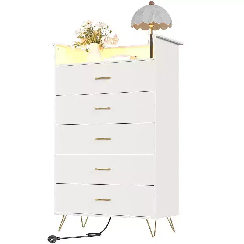 5 Drawer Dresser with Charging Station & LED Lights Tall Wooden Chest for Bedroom, Living Room, Hallway Space-Saving Narrow Storage Cabinet