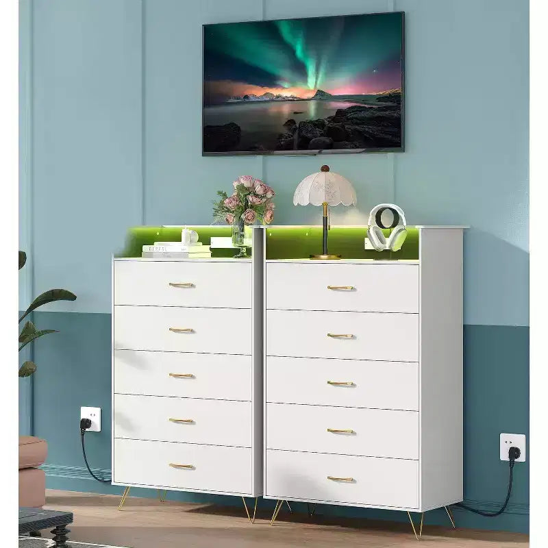 5 Drawer Dresser with Charging Station & LED Lights Tall Wooden Chest for Bedroom, Living Room, Hallway Space-Saving Narrow Storage Cabinet
