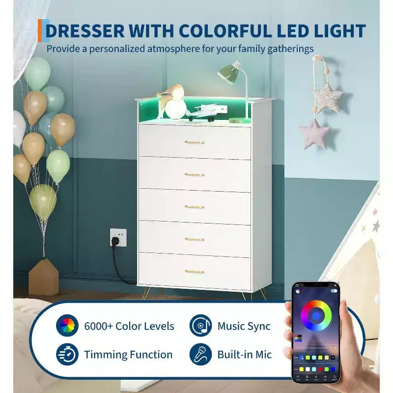 5 Drawer Dresser with Charging Station & LED Lights Tall Wooden Chest for Bedroom, Living Room, Hallway Space-Saving Narrow Storage Cabinet