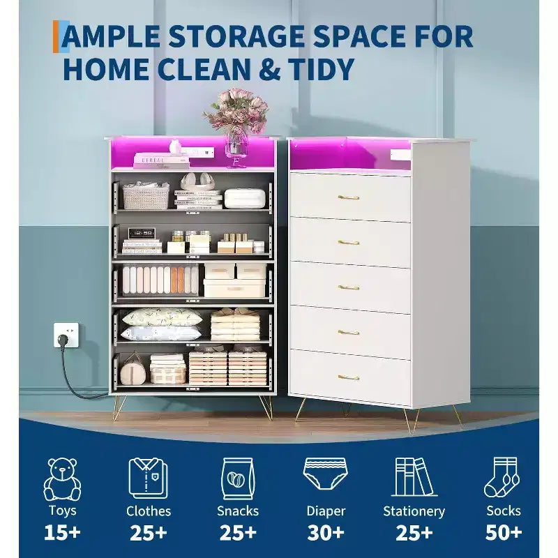 5 Drawer Dresser with Charging Station & LED Lights Tall Wooden Chest for Bedroom, Living Room, Hallway Space-Saving Narrow Storage Cabinet