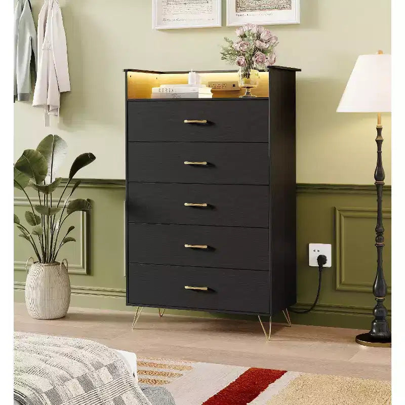 5 Drawer Dresser with Charging Station & LED Lights Tall Wooden Chest for Bedroom, Living Room, Hallway Space-Saving Narrow Storage Cabinet
