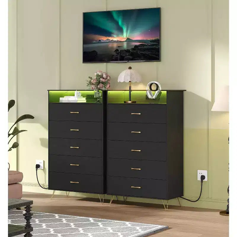 5 Drawer Dresser with Charging Station & LED Lights Tall Wooden Chest for Bedroom, Living Room, Hallway Space-Saving Narrow Storage Cabinet