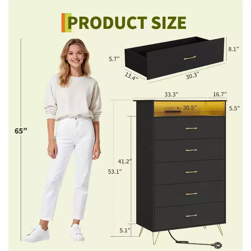 5 Drawer Dresser with Charging Station & LED Lights Tall Wooden Chest for Bedroom, Living Room, Hallway Space-Saving Narrow Storage Cabinet
