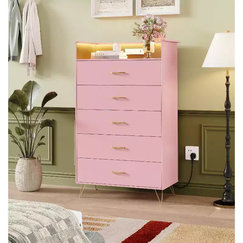 5 Drawer Dresser with Charging Station & LED Lights Tall Wooden Chest for Bedroom, Living Room, Hallway Space-Saving Narrow Storage Cabinet