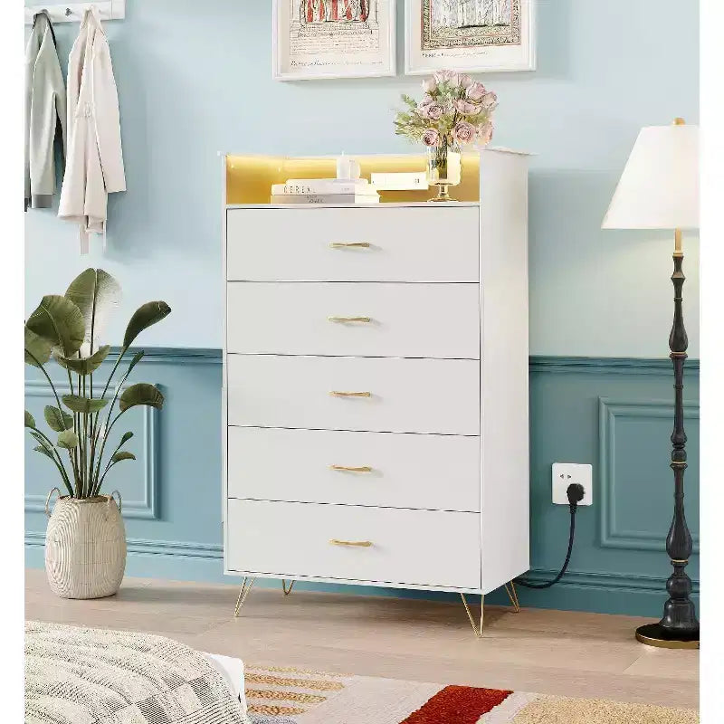 5 Drawer Dresser with Charging Station & LED Lights Tall Wooden Chest for Bedroom, Living Room, Hallway Space-Saving Narrow Storage Cabinet