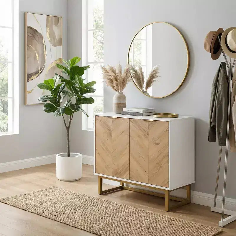 Modern Sideboard Cabinet with Chevron Doors, 2-Door Storage Console with Metal Base, Accent Storage for Dining Room, Living Room, Entryway