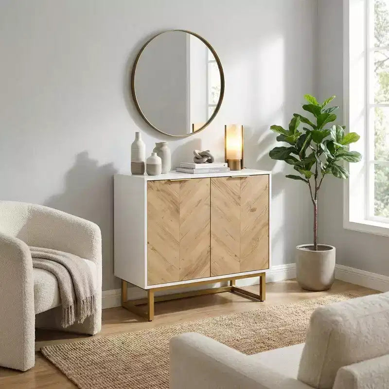 Modern Sideboard Cabinet with Chevron Doors, 2-Door Storage Console with Metal Base, Accent Storage for Dining Room, Living Room, Entryway