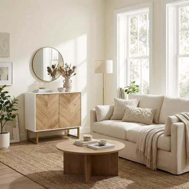 Modern Sideboard Cabinet with Chevron Doors, 2-Door Storage Console with Metal Base, Accent Storage for Dining Room, Living Room, Entryway