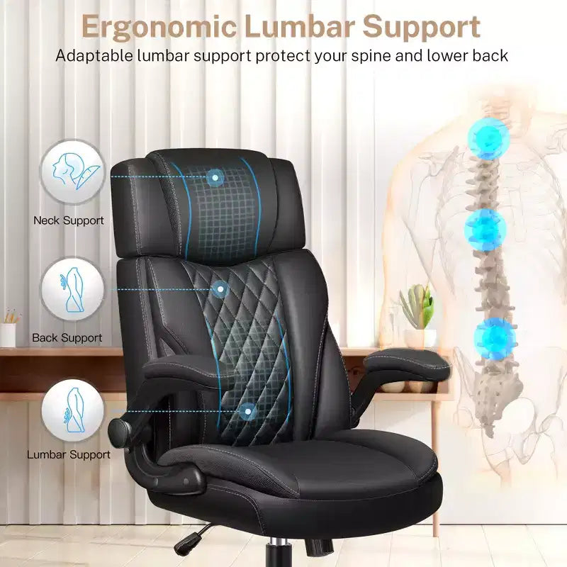 Executive Leather Office Chair, Ergonomic Office Chair High Back Lumbar Support with Padded Armrests
