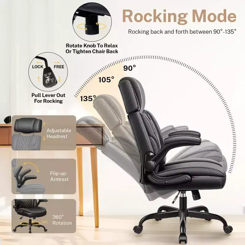 Executive Leather Office Chair, Ergonomic Office Chair High Back Lumbar Support with Padded Armrests