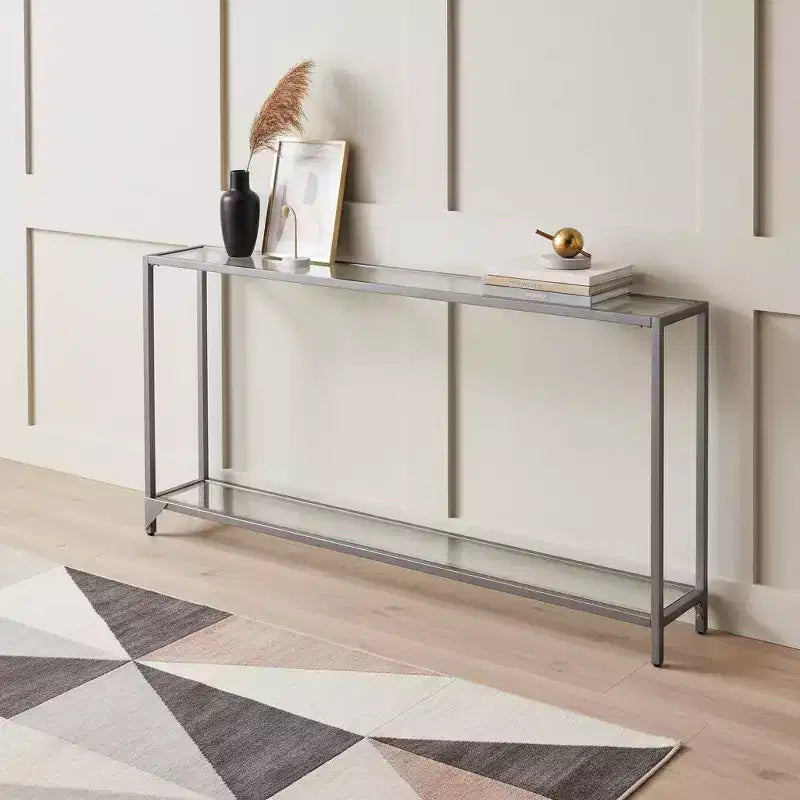 56 Clear and Silver Glass Mirrored Floor Shelf Console Table With Storage